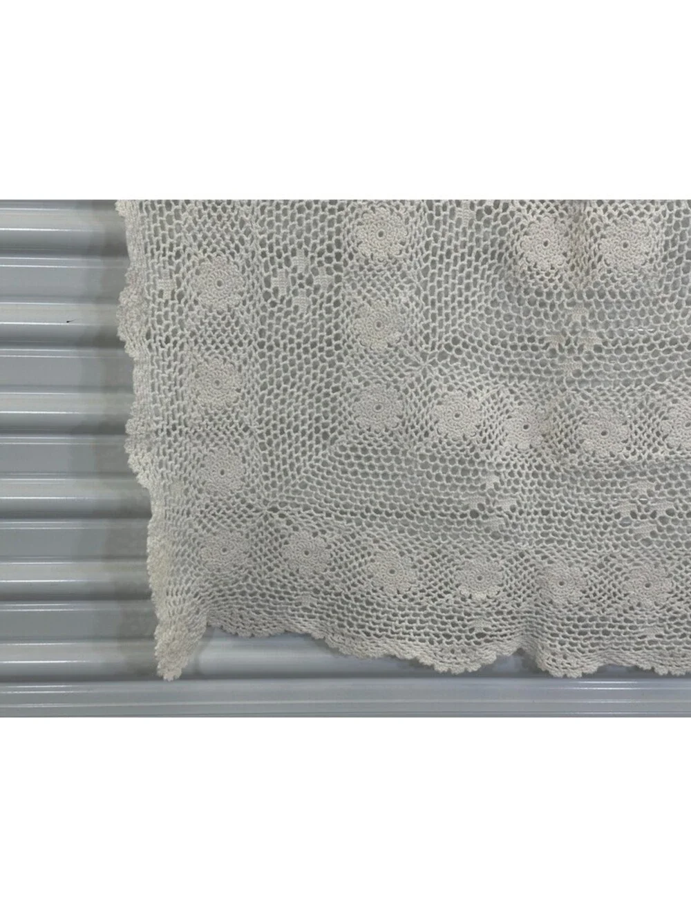 Vintage Crochet Tablecloth Topper Floral Pattern Cream White Scallop Edge 34x37